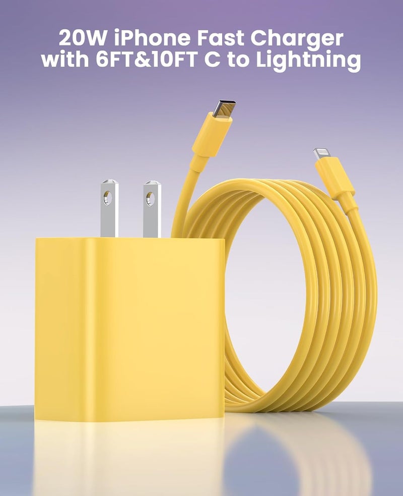 FEEL2NICE iPhone Charger Fast Charging 2 Pack Type C Wall Charger Block with 2 Pack [6FT&10FT] Long USB C to Lightning Cable for iPhone 14/13/12/12 Pro Max/11/Xs Max/XR/X,AirPods Pro,Yellow - Image 4